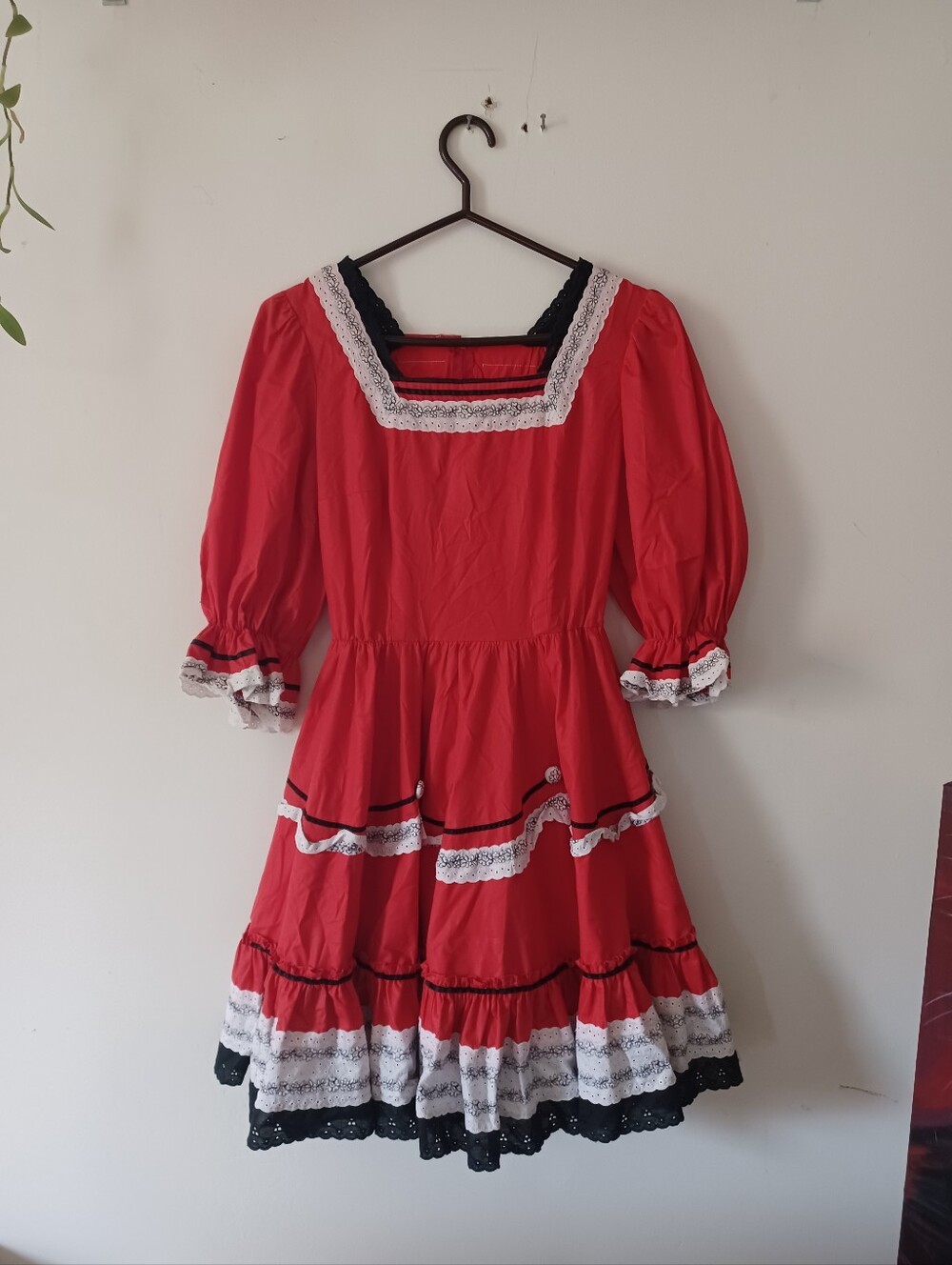 Rare Vintage Red Lace-Trim Square Neck Dress